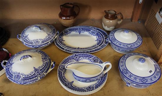 Blue & white part dinner set & 2 harvest jugs